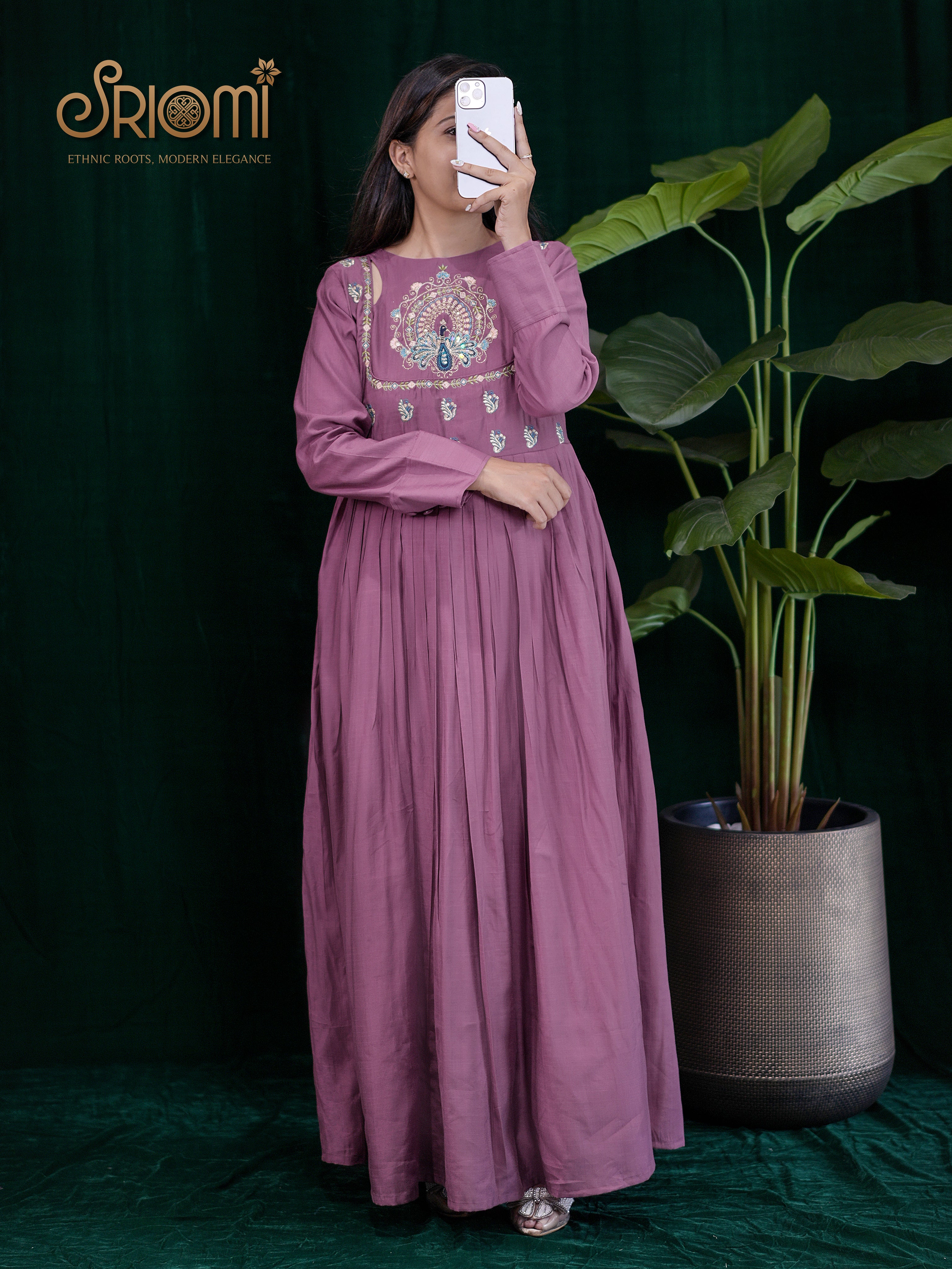 Pleated Gown with Cut-Out Neckline