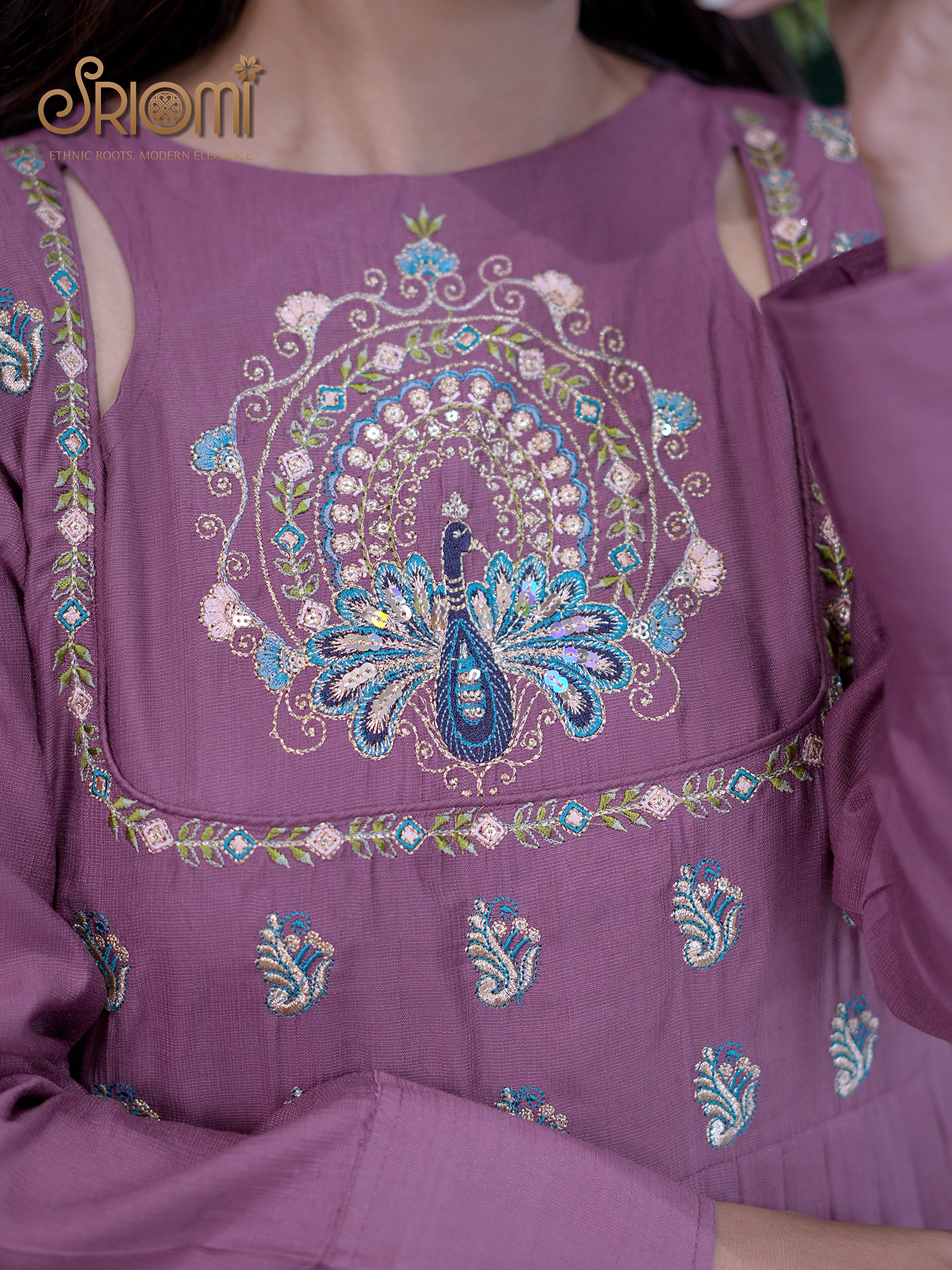 Pleated Gown with Cut-Out Neckline