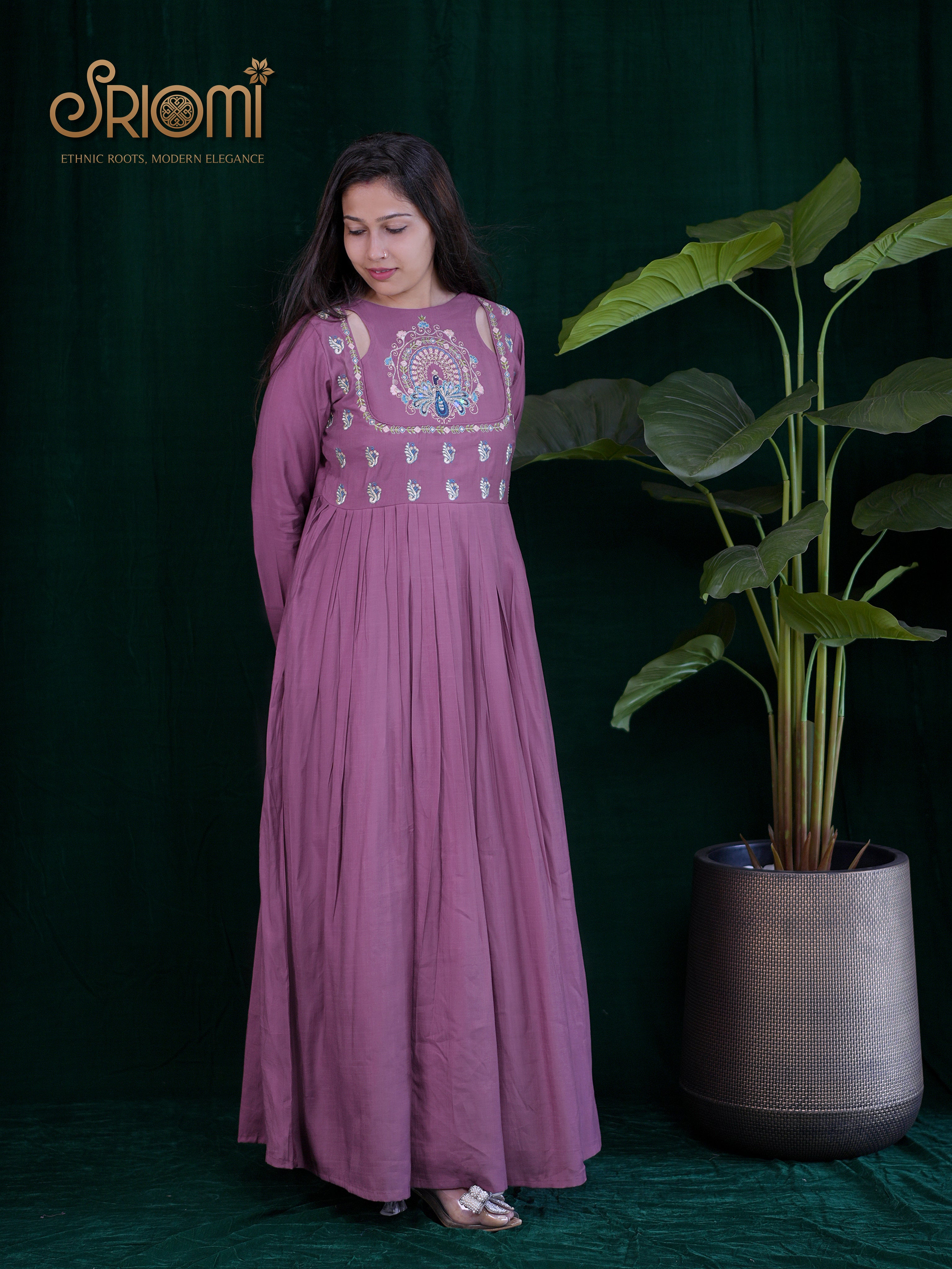 Pleated Gown with Cut-Out Neckline
