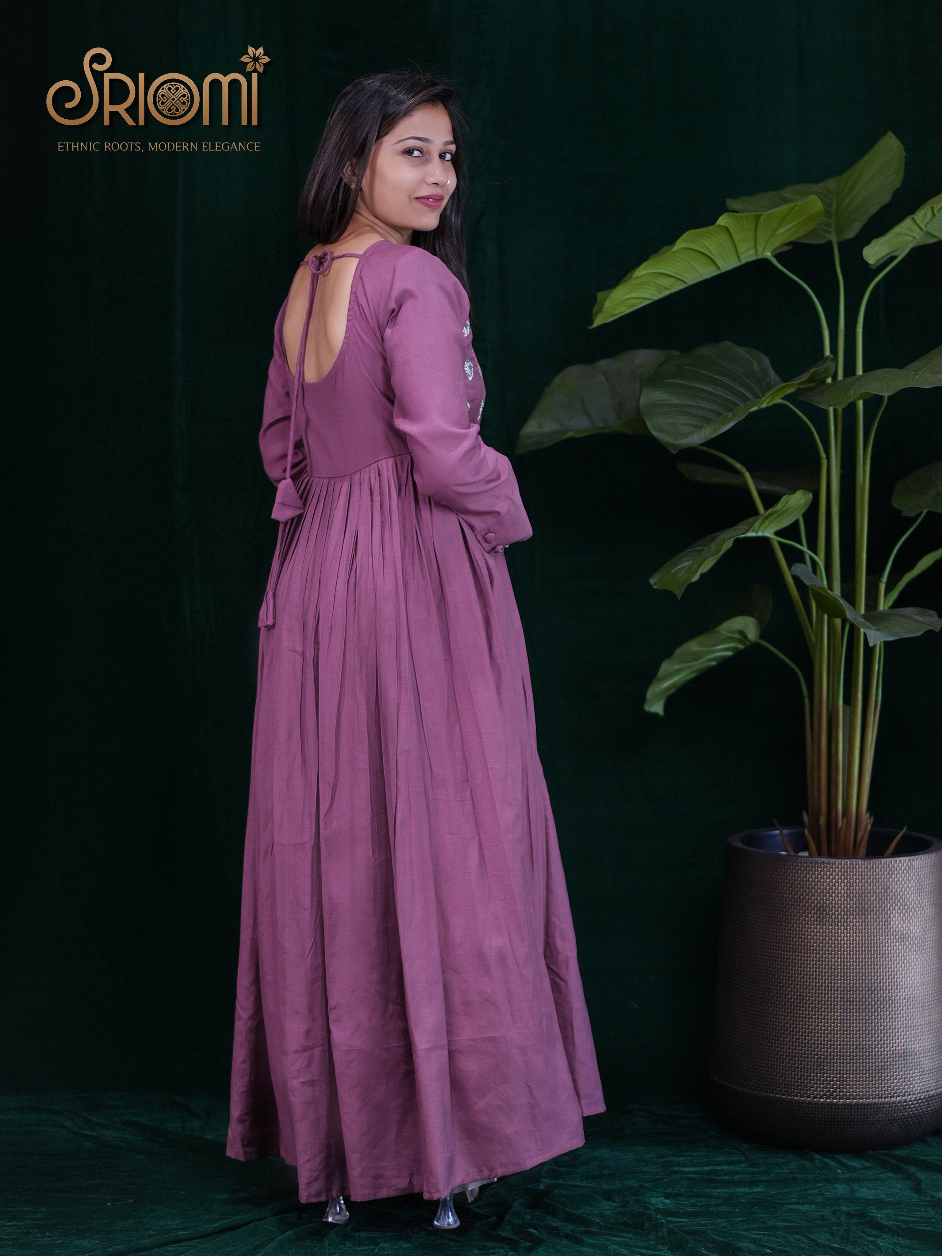 Pleated Gown with Cut-Out Neckline