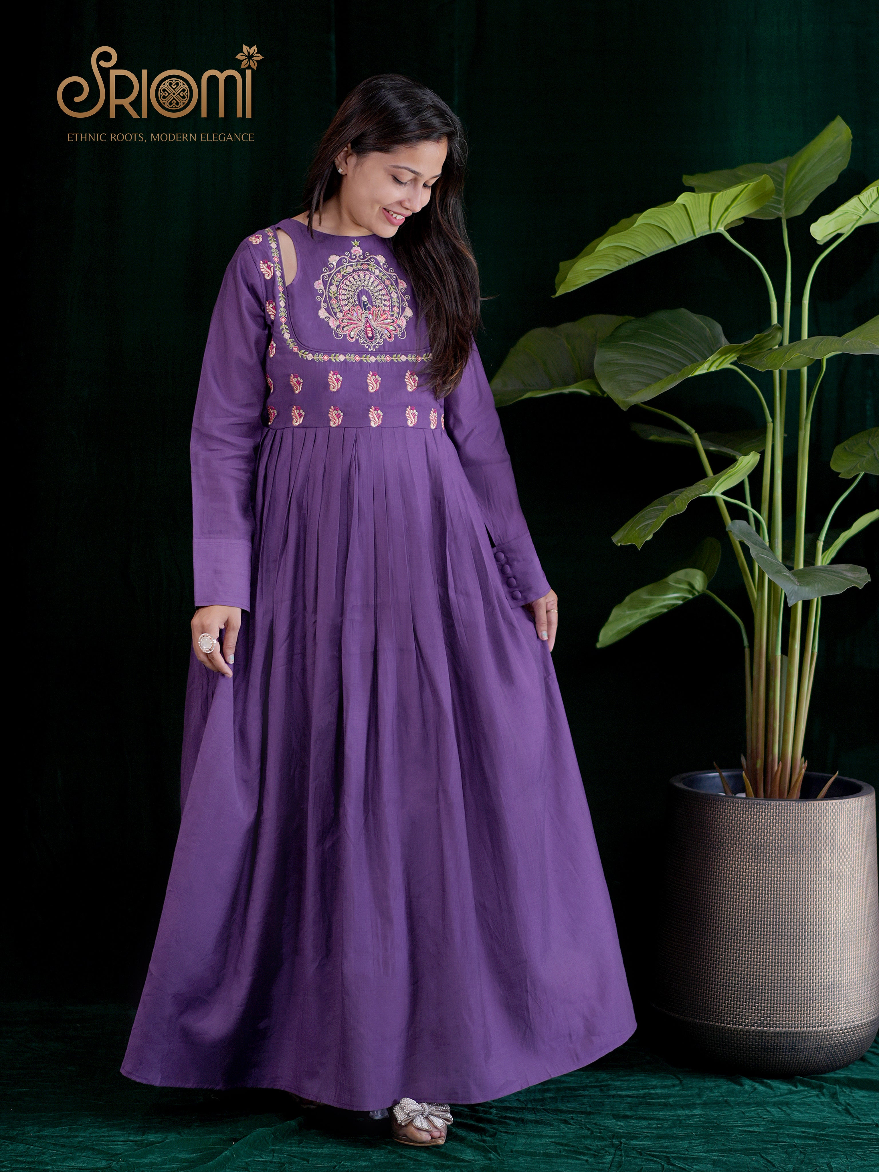 Pleated Gown with Cut-Out Neckline