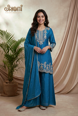 designer teal blue ethnic suit set for women,