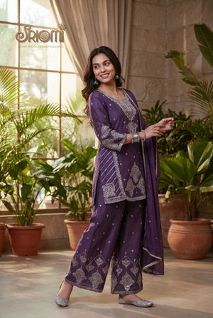 Woman in a purple traditional outfit standing in a room with plants and a window.