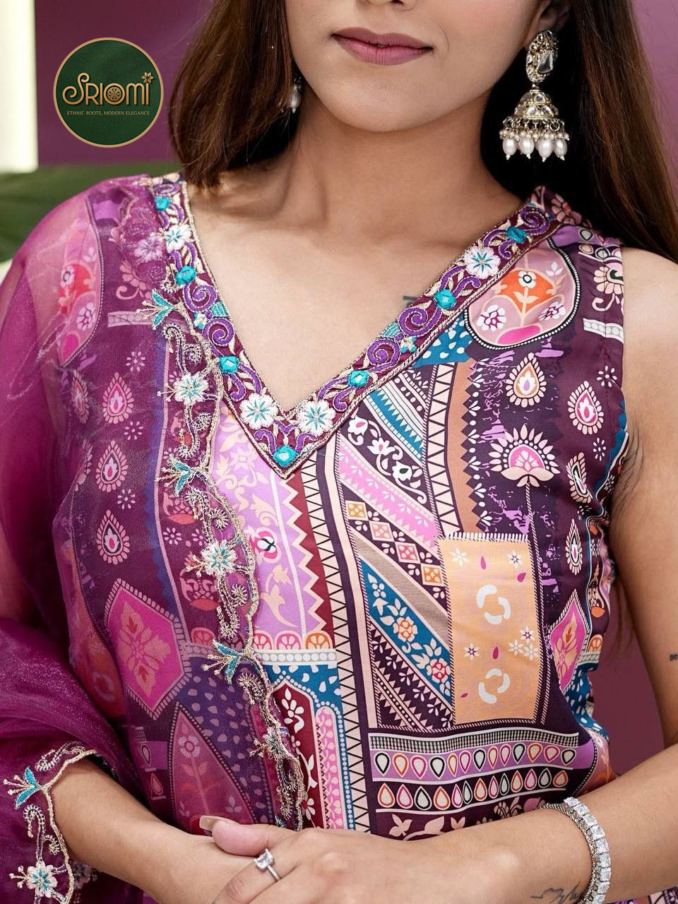 Women's Printed Embroidered Kurta Set with Organza Dupatta