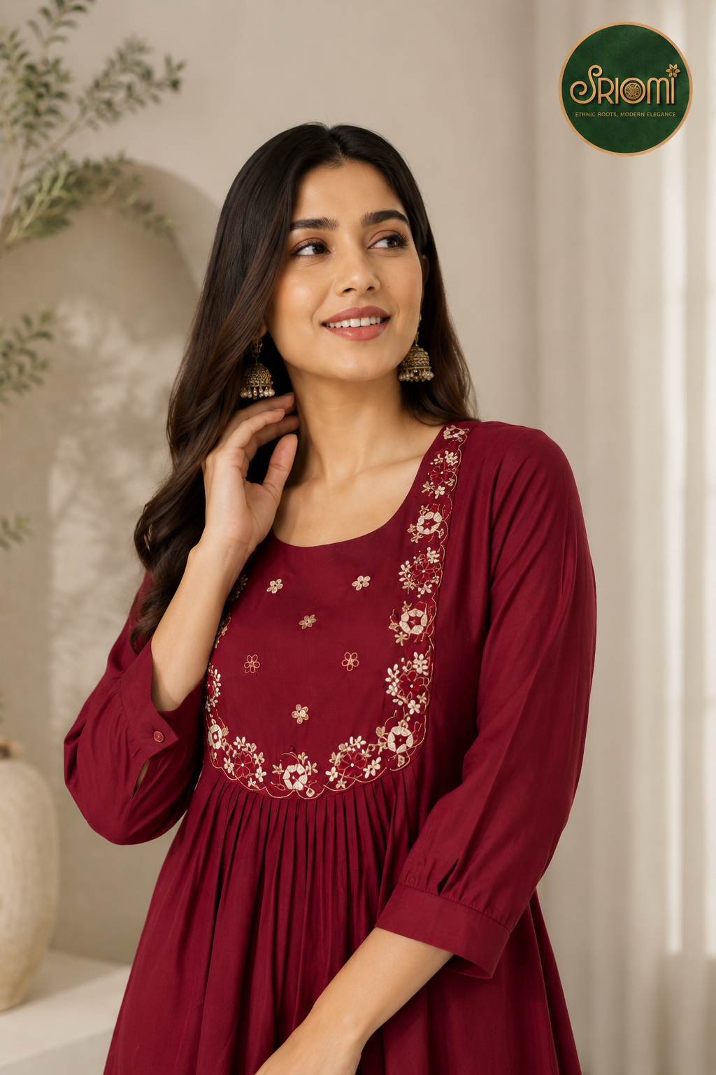 Elegant maroon embroidered cotton kurta set for women with straight pants