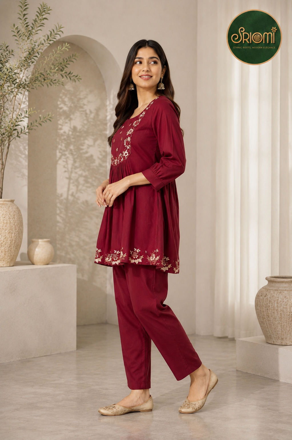 Premium women's maroon ethnic embroidered kurta pant set by Sriomi