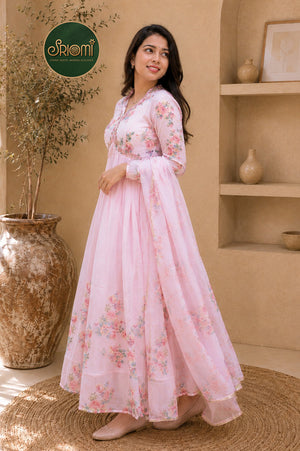 Pink Floral Gown for Women in Tebby Silk with Dupatta