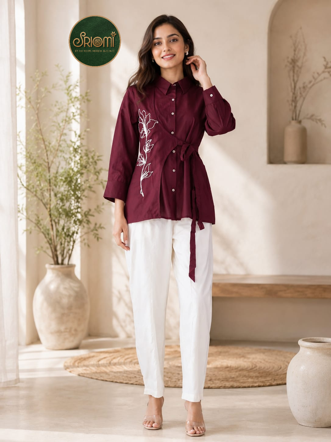 Embroidered Wrap Shirt with White Straight Pants