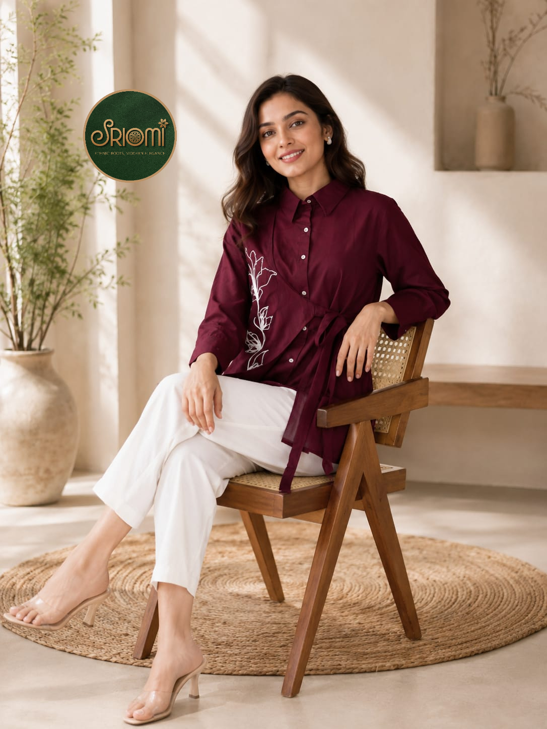 Embroidered Wrap Shirt with White Straight Pants