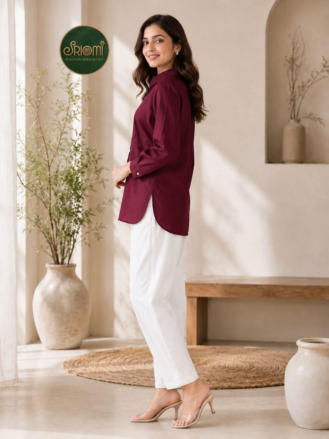 Embroidered Wrap Shirt with White Straight Pants