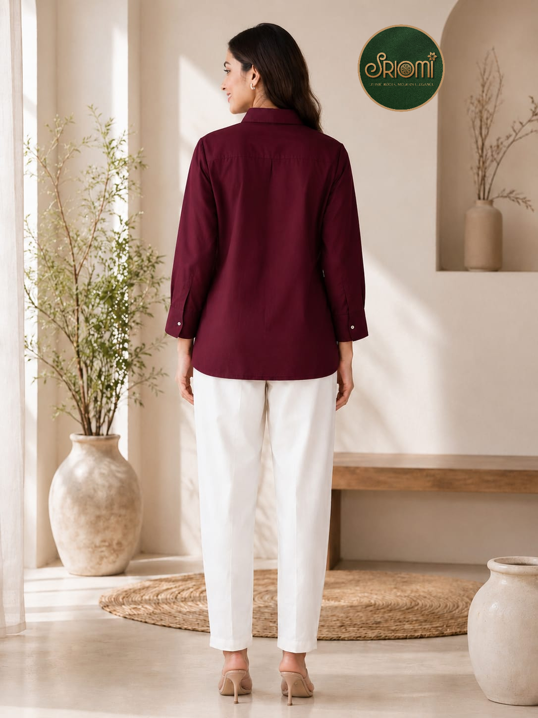 Embroidered Wrap Shirt with White Straight Pants