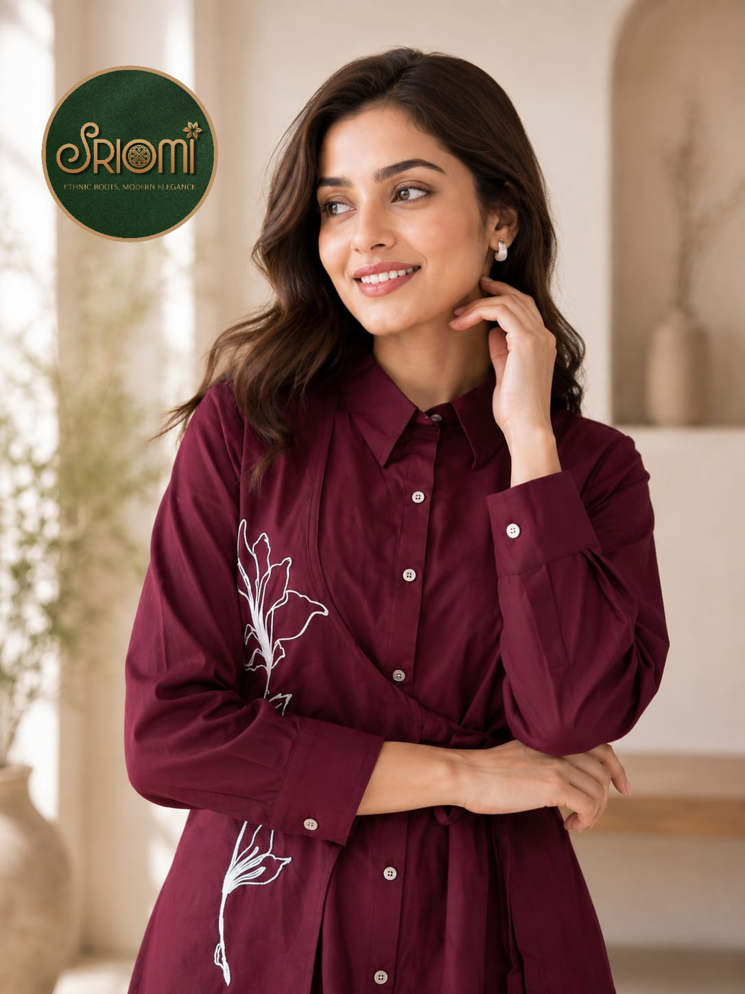 Embroidered Wrap Shirt with White Straight Pants