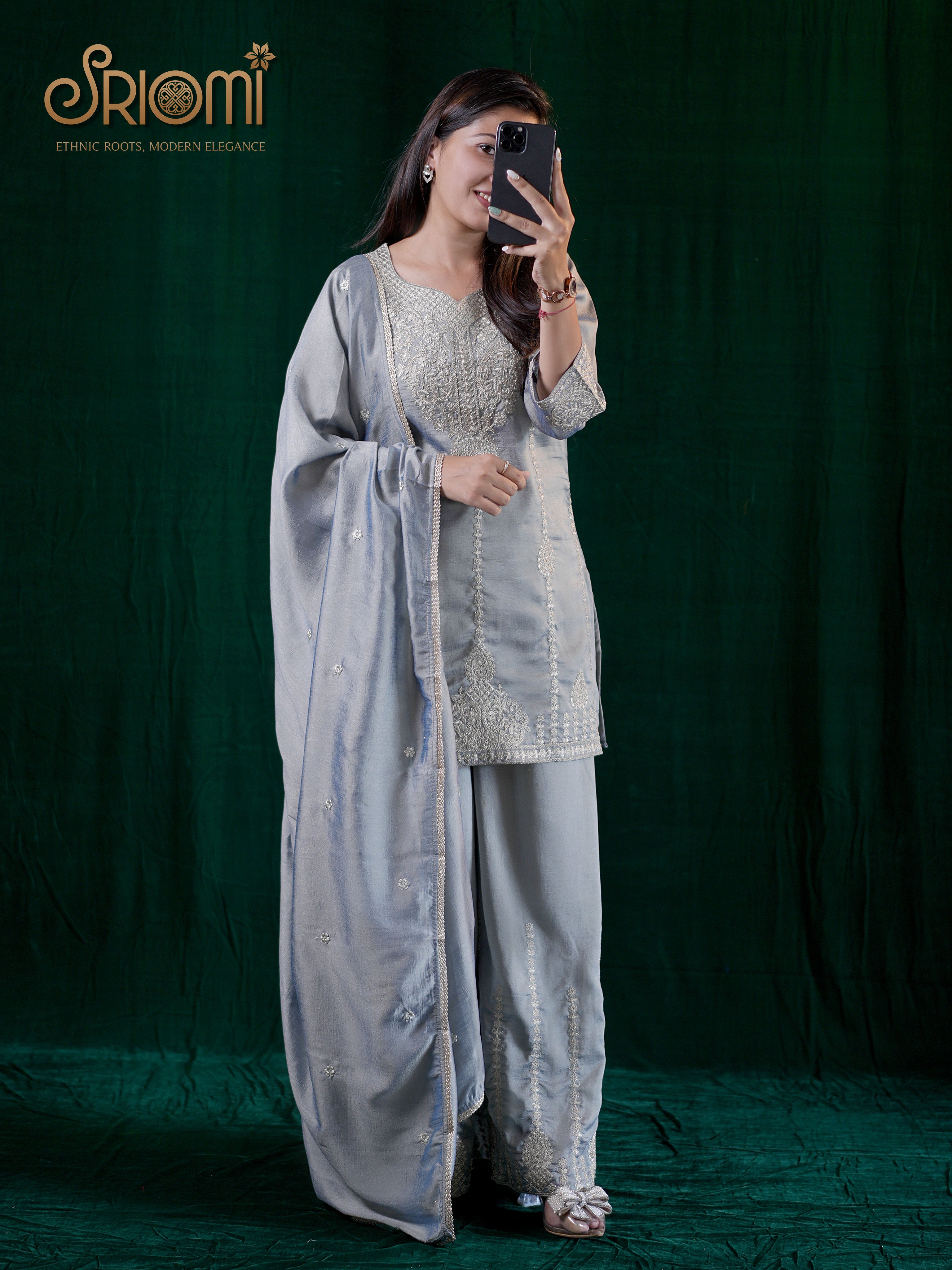 Embroidered Suit Set with Palazzo & Dupatta