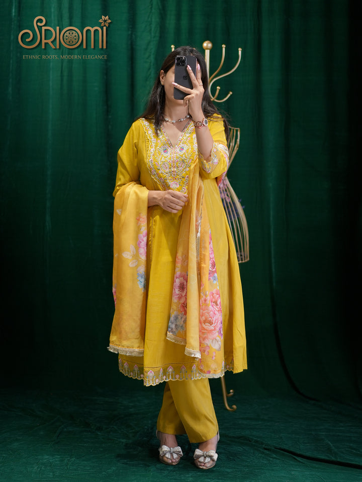 Premium Suit Set with Floral Dupatta