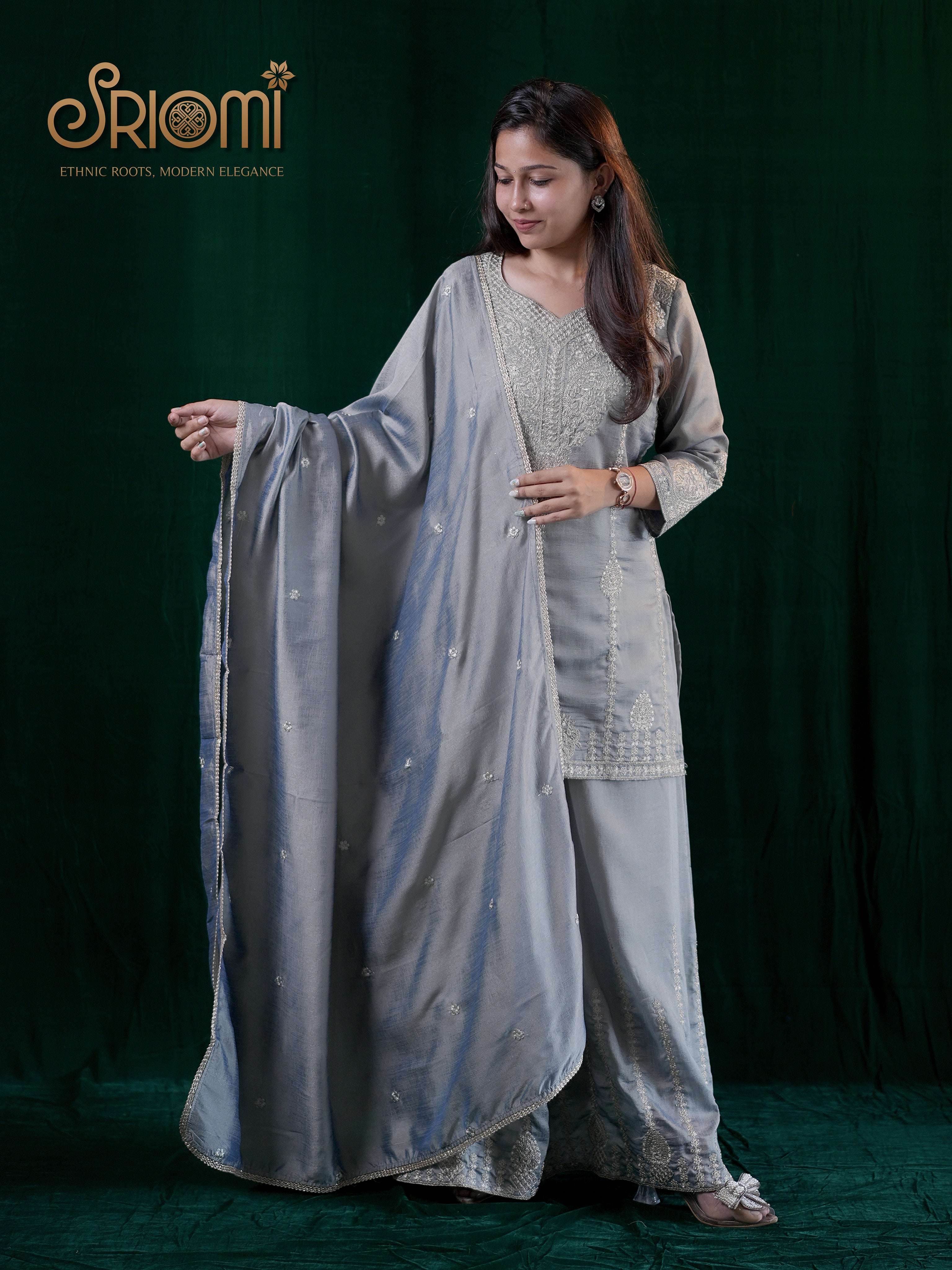 Embroidered Suit Set with Palazzo & Dupatta