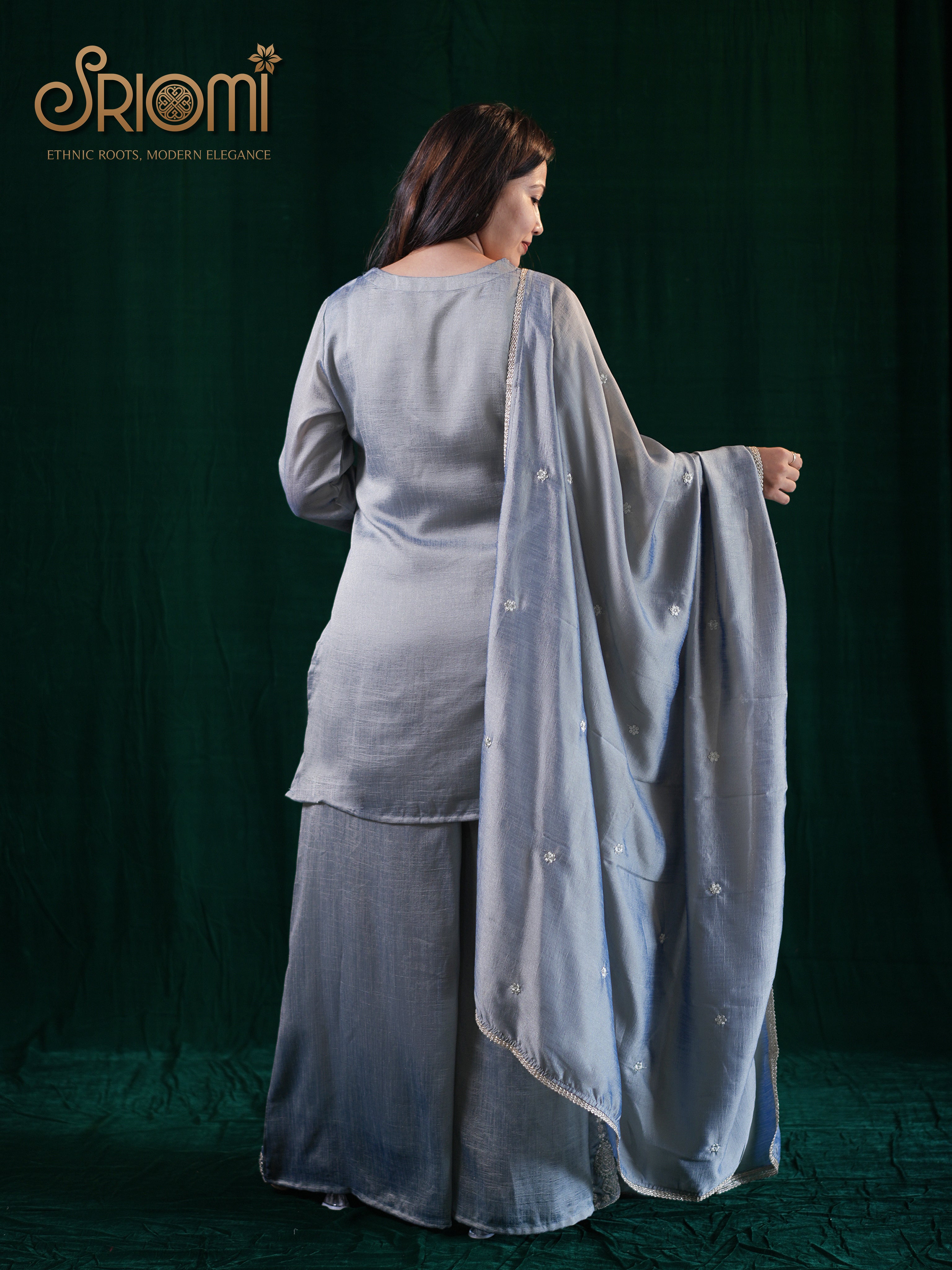 Embroidered Suit Set with Palazzo & Dupatta