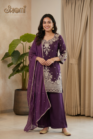 SRIOMI royal blue Roman silk embroidered palazzo suit set with Nazneen dupatta