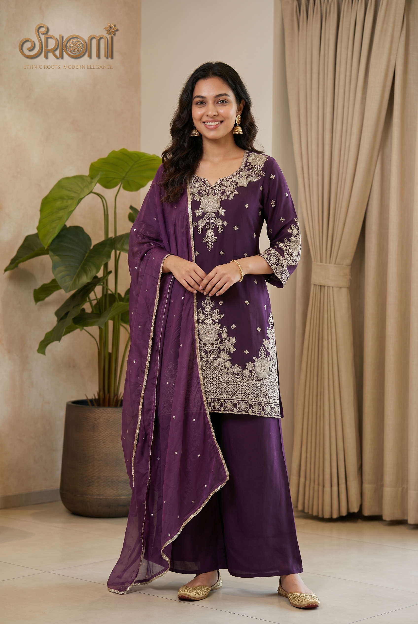 SRIOMI royal blue Roman silk embroidered palazzo suit set with Nazneen dupatta