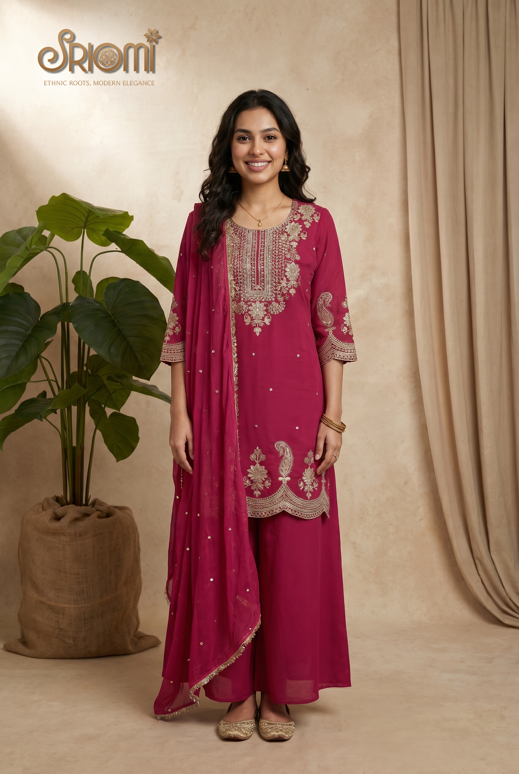 SRIOMI rani pink embroidered palazzo suit with Nazneen dupatta, designer rust orange