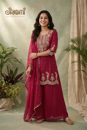 designer rust orange Roman silk suit set for women