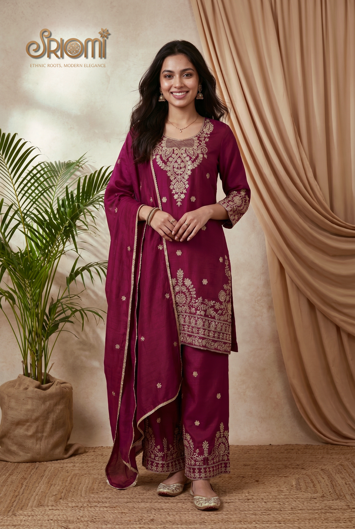 SRIOMI wine magenta embroidered Vichitra palazzo suit with dupatta