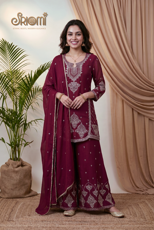 Woman in a maroon traditional outfit with intricate designs standing against a beige curtain.