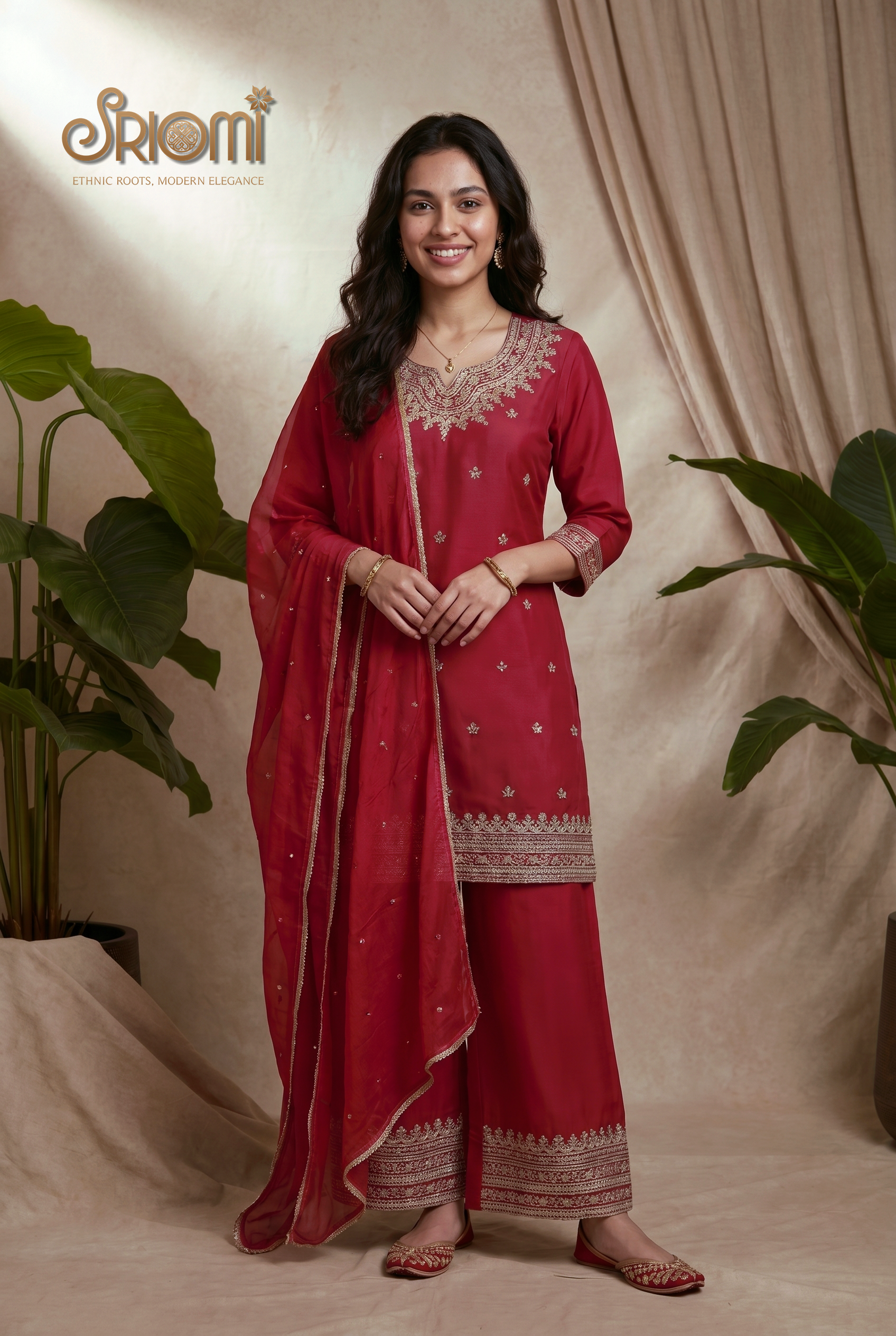 SRIOMI ruby red embroidered Roman two tone palazzo suit with Nazneen dupatta,