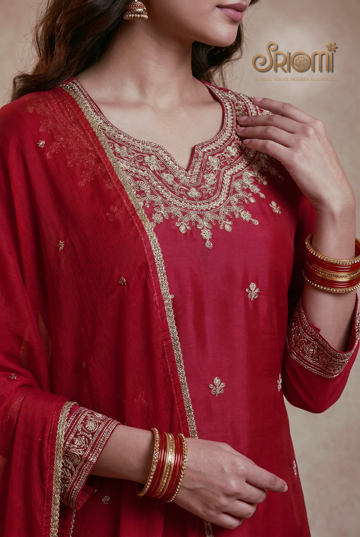 Red embroidered traditional outfit with gold details on a beige background