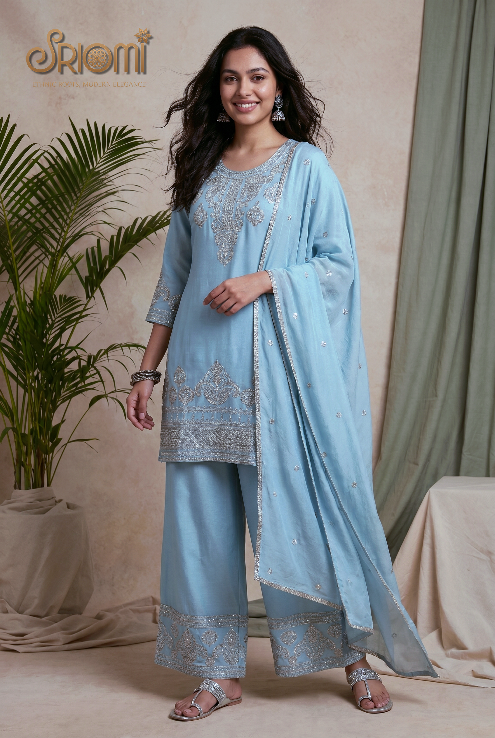 Embroidered Palazzo Suit Set