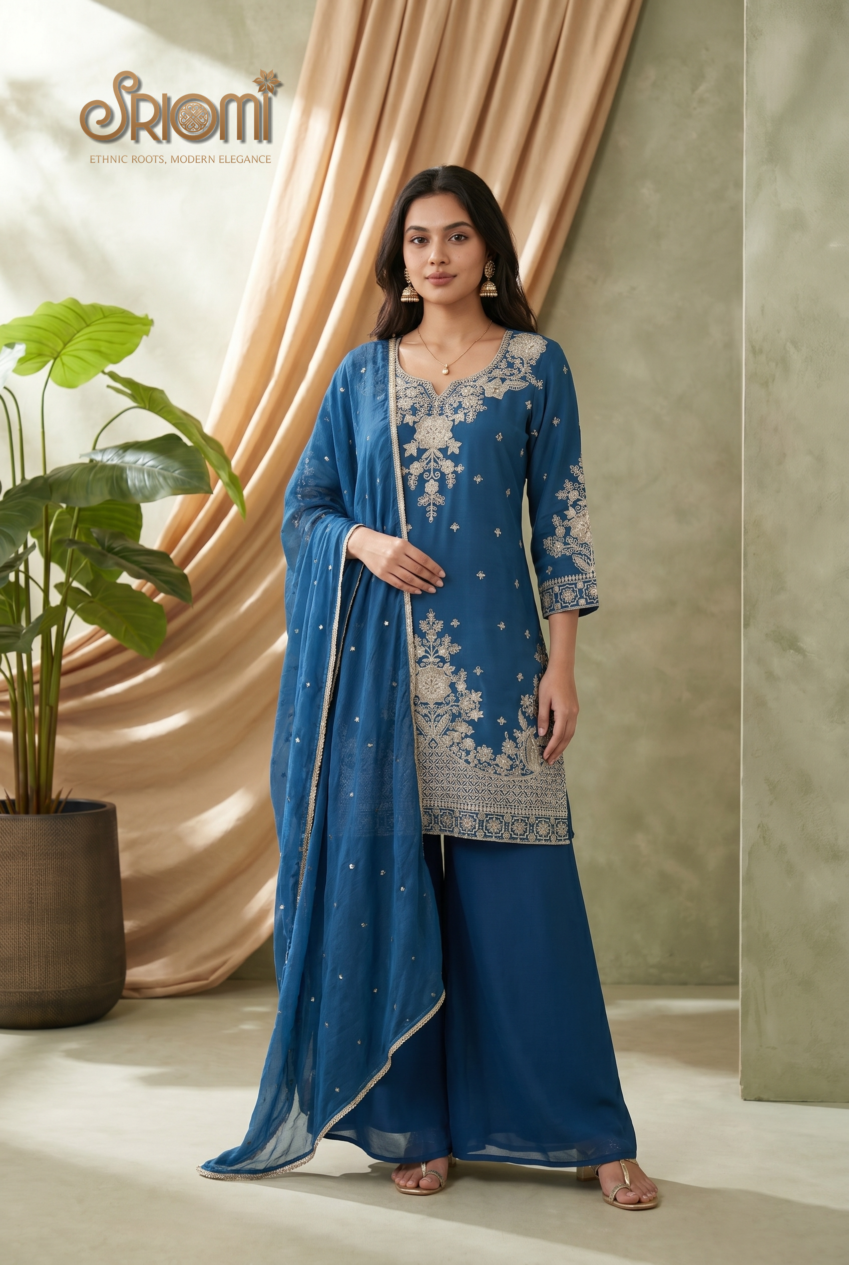 SRIOMI royal blue Roman silk embroidered palazzo suit set with Nazneen dupatta