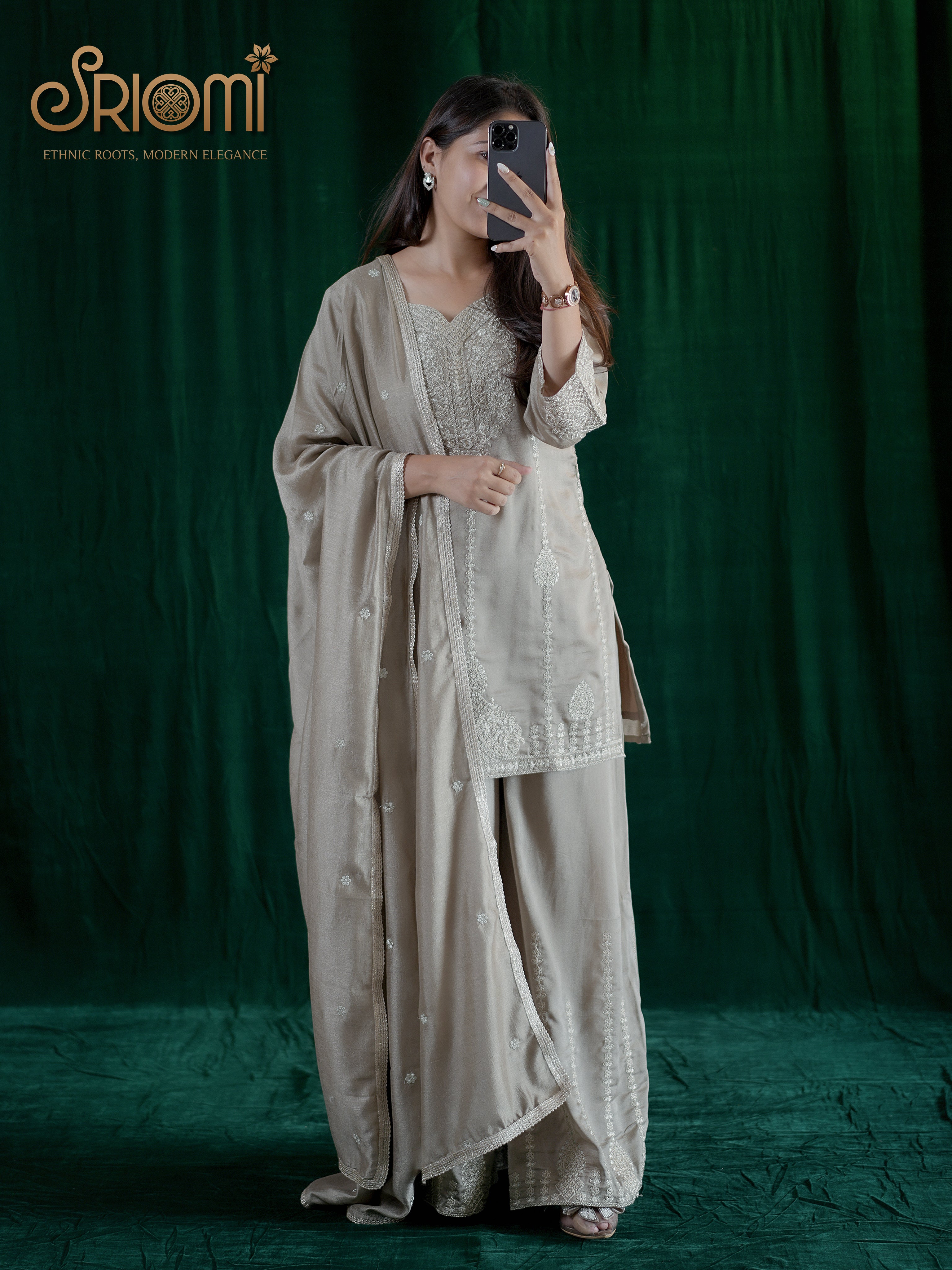 Embroidered Suit Set with Palazzo & Dupatta