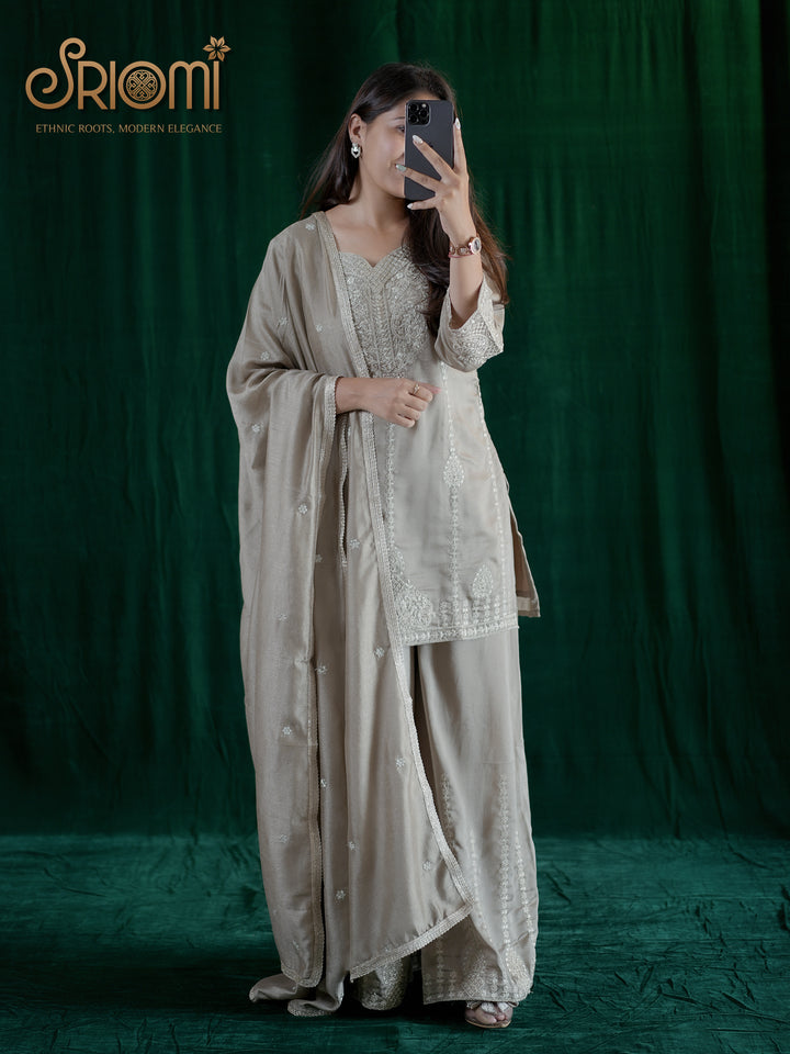 Embroidered Suit Set with Palazzo & Dupatta