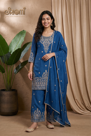 designer steel blue ethnic suit set for women