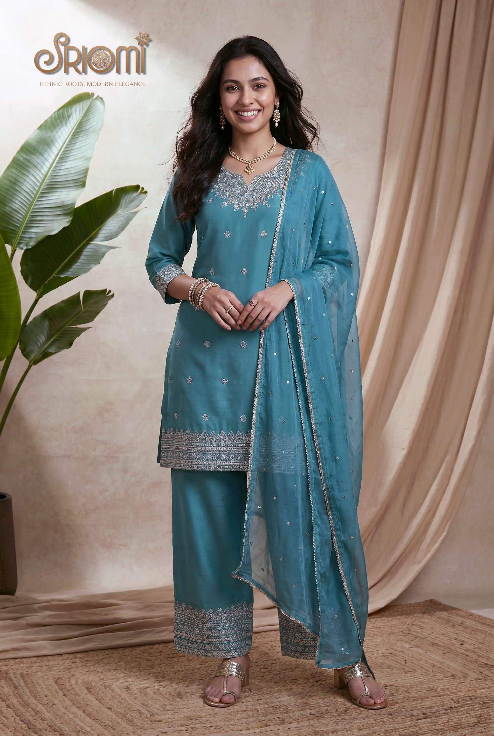 Woman wearing a teal traditional outfit with silver details, standing against a beige curtain.