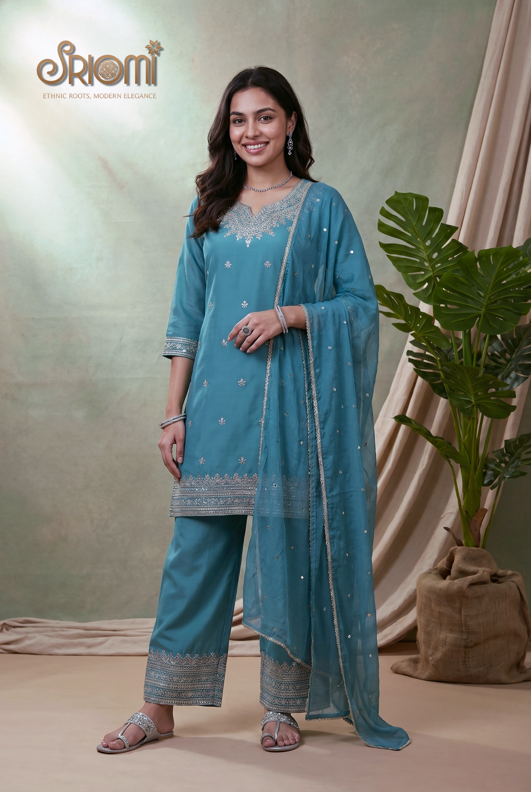 Embroidered Palazzo Suit Set