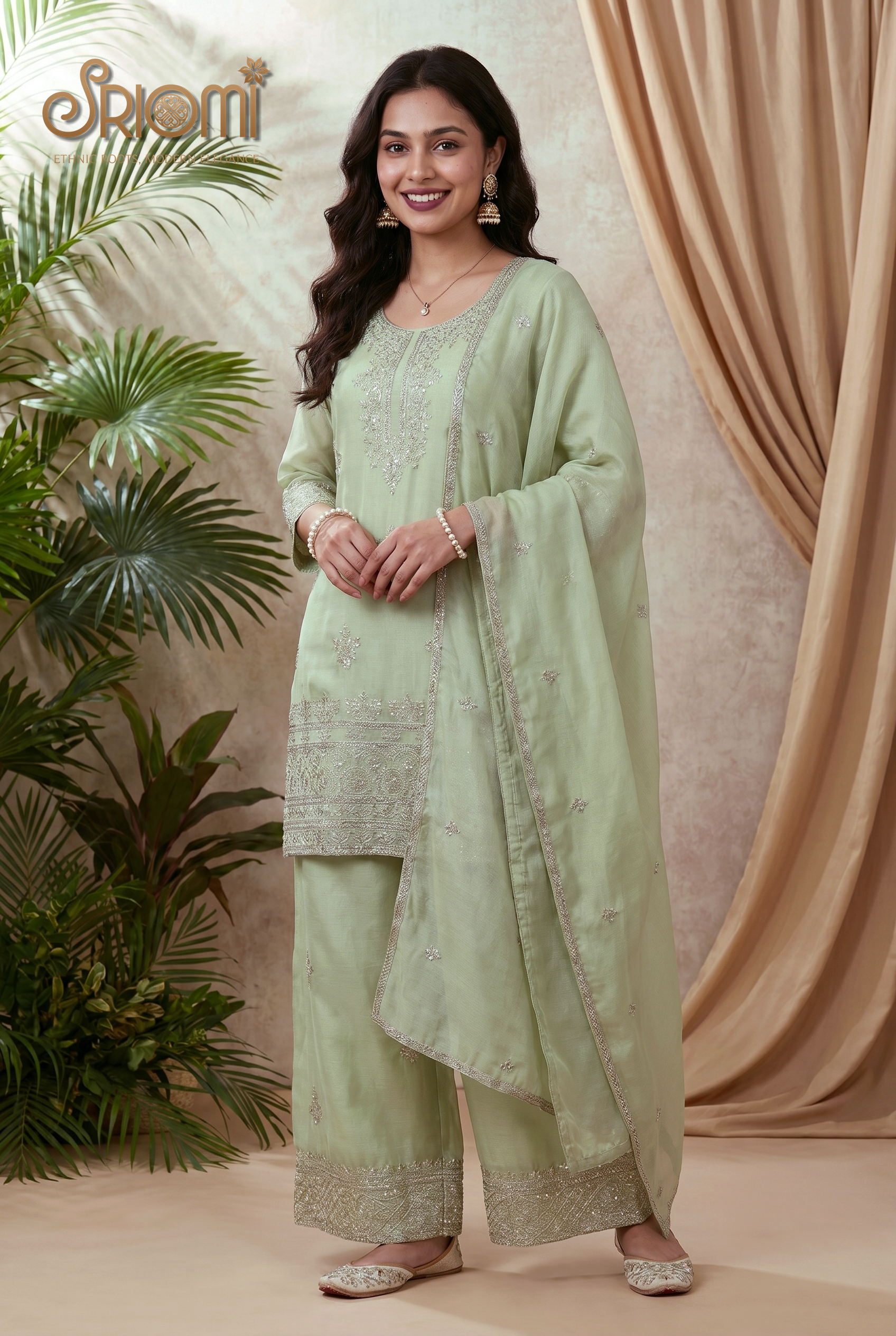 Embroidered Kurta Palazzo Dupatta Set