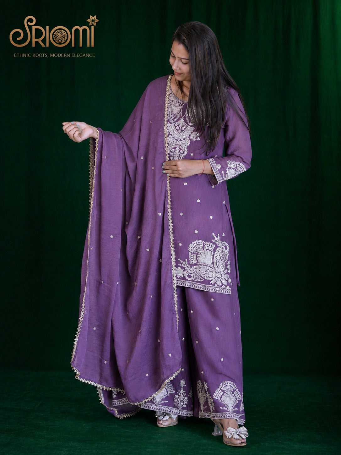 Embroidered Suit Set with Palazzo & Dupatta