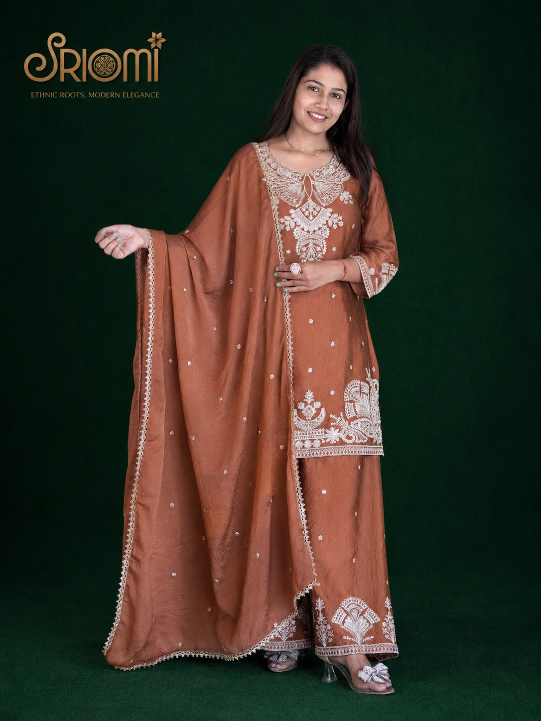 Embroidered Suit Set with Palazzo & Dupatta