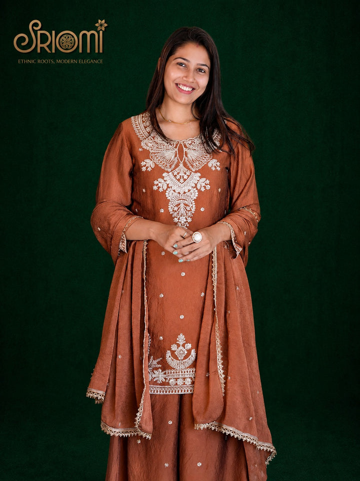 Embroidered Suit Set with Palazzo & Dupatta